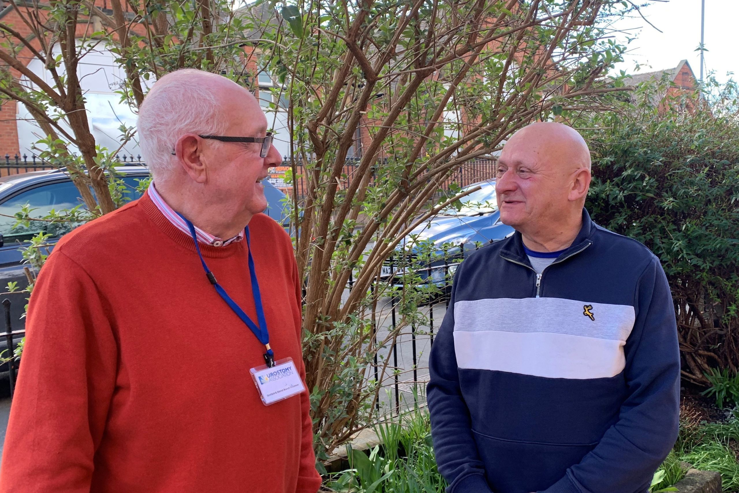 This is a photo of two Urostomy Association supporters talking. It is the header image for the top tips page entitled 'understanding issues that may arise with a urostomy - top tips' page on the Urostomy Association website