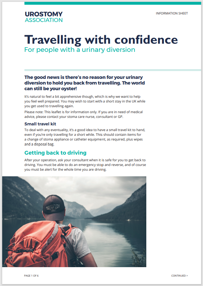 This image is of the front cover of the Urostomy Association's leaflet entitled 'Travelling with confidence'. It is written for people with a urinary diversion.