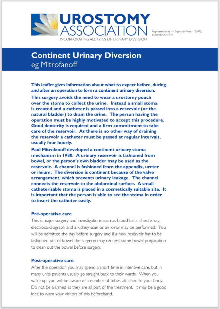 This image is of the Urostomy Association's leaflet entitled 'Continent urinary diversion eg: Mitrofanoff'. You can download the leaflet by clicking on the image