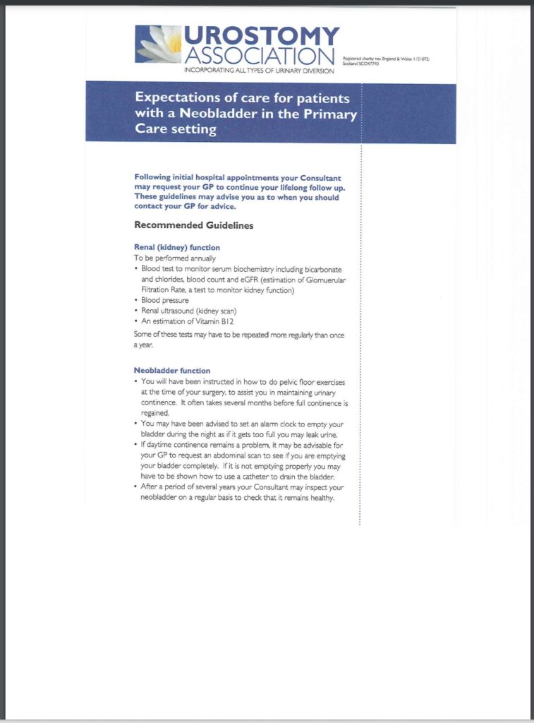 This is an image of the front cover of a leaflet from the Urostomy Association entitled 'Expectations of care for patients with a Neobladder in the Primary Care setting'