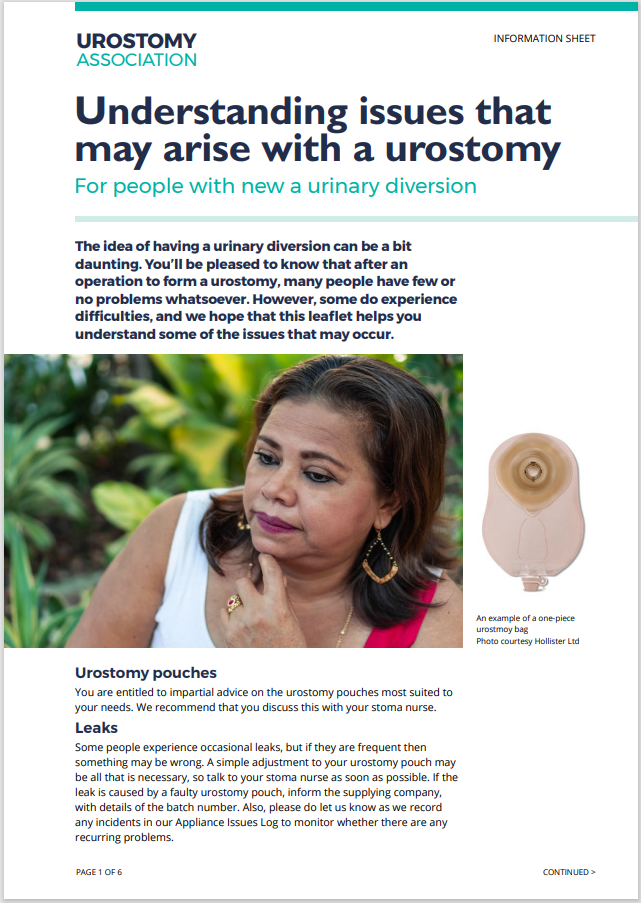 This is the cover of a leaflet entitled 'Understanding issues that may arise with a urostomy', produced by the Urostomy Association. You can download the leaflet by clicking on the image.