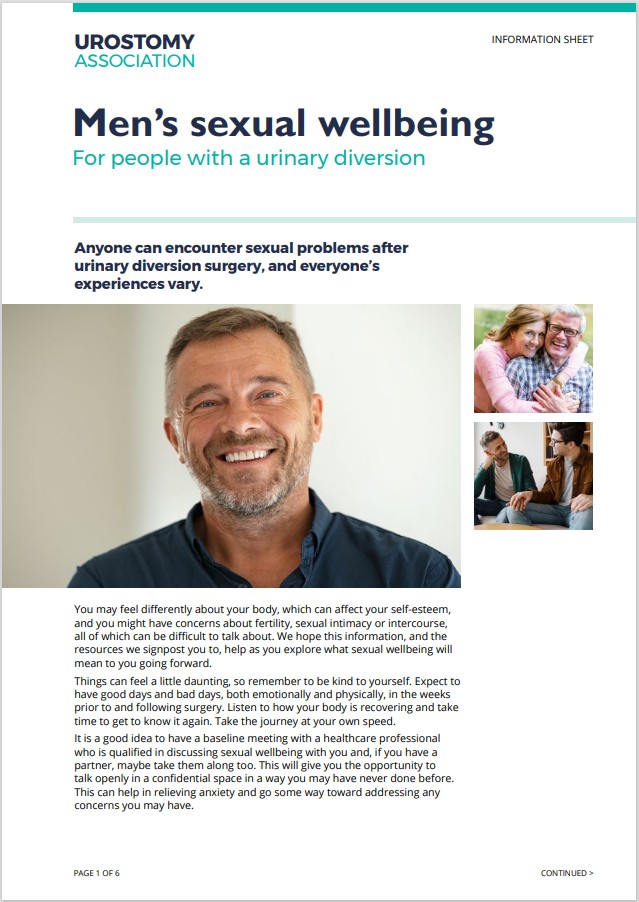 This is a screenshot of the cover image of the Urostomy Association's leaflet entitled 'Men's sexual wellbeing'