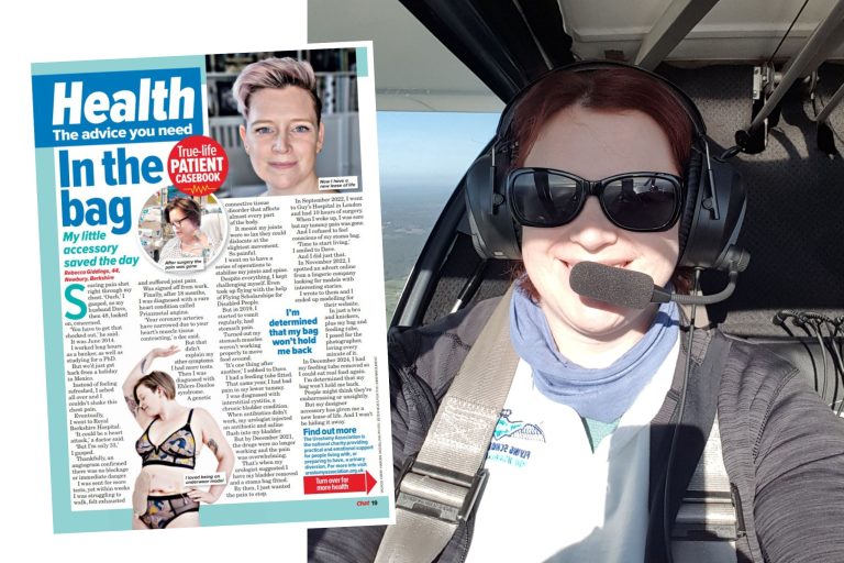 This photo is of Rebecca Giddings flying a plane. A cutting from Chat magazine is layered on top of it. In the article Rebecca talks about life with a urostomy bag.