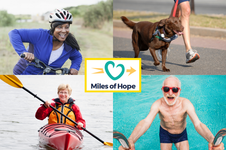 This is a photo montage. Top left is a woman cycling and smiling, top right is someone running with their dog, bottom left is a woman in a kayak and bottom right is a man getting into a swimming pool. In the middle is a logo which says 'Miles of Hope'