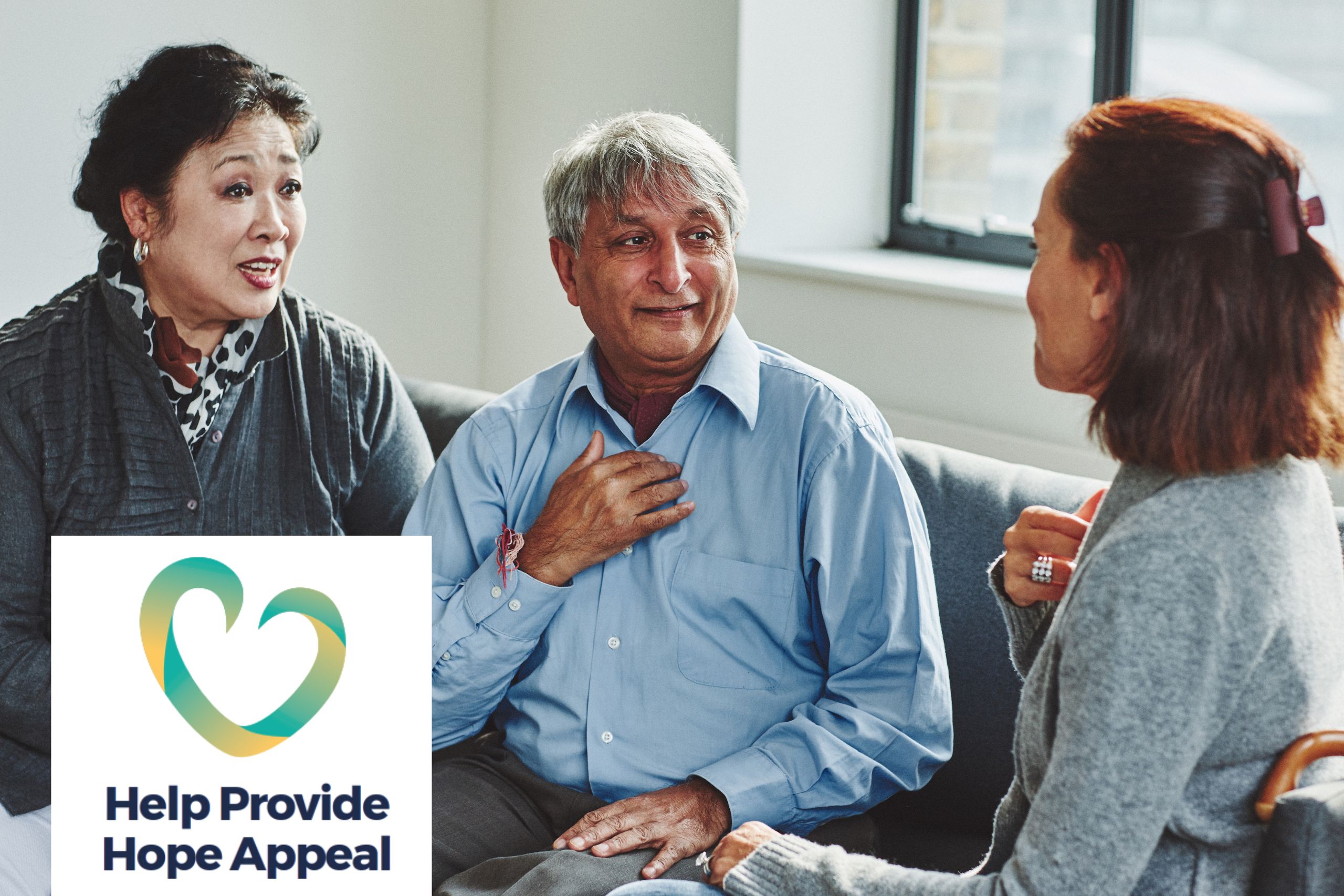 This photos shows two women and a man in conversation. It represents three people in a medical consultation. Overlaying, at the bottom left, is a stylised heart and underneath it it reads 'Help Provide Hope Appeal'