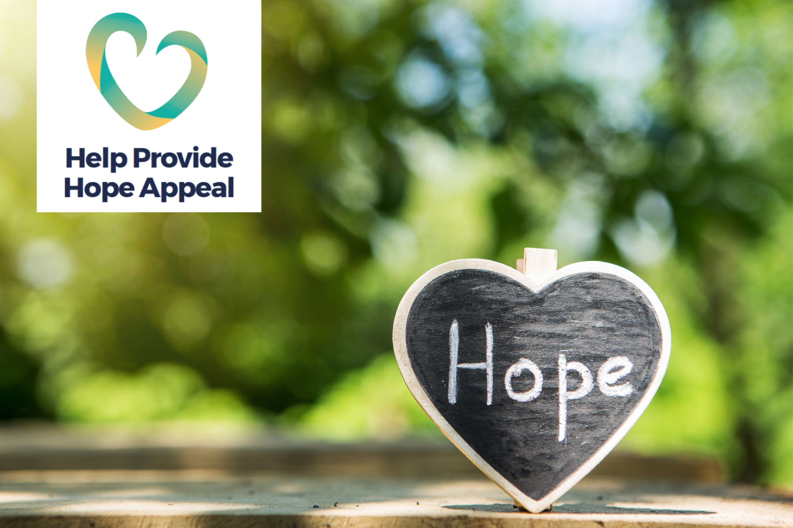 In the foreground of this photo is a heart-shaped chalk board, on which the word 'Hope' is written. In the background are blurred green leaves and branches on a sunny day. Top left is a stylised heart logo with 'Help Provide Hope Appeal' written underneath