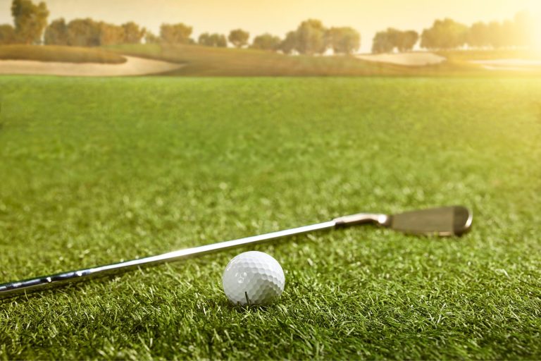This is a photo of a golf ball and club lying on the grass at a lush green golf course. It is dusk.