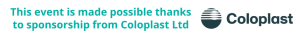 This graphic says 'This is event has been made possible thanks to sponsorship from Coloplast Ltd'. To the right is Coloplast's logo.