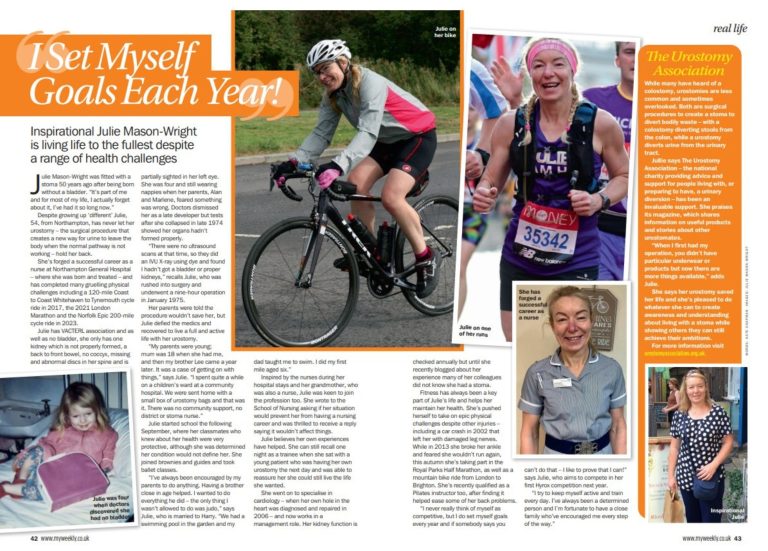 This picture shows a double-page spread from My Weekly magazine. It features an article about Julie Mason-Wright in which she talks about living life to the full, despite health challenges.