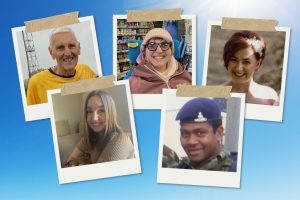 This image shows polaroids of five urostomates who have shared their stories with the Urostomy Association.