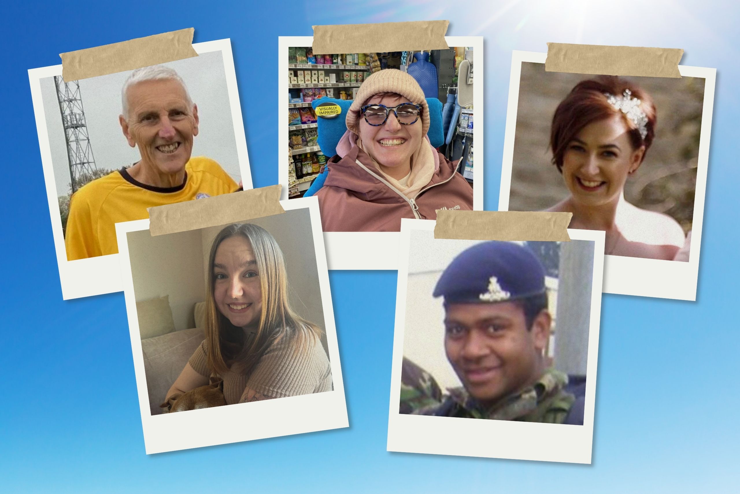 This image shows polaroids of five urostomates who have shared their stories with the Urostomy Association.