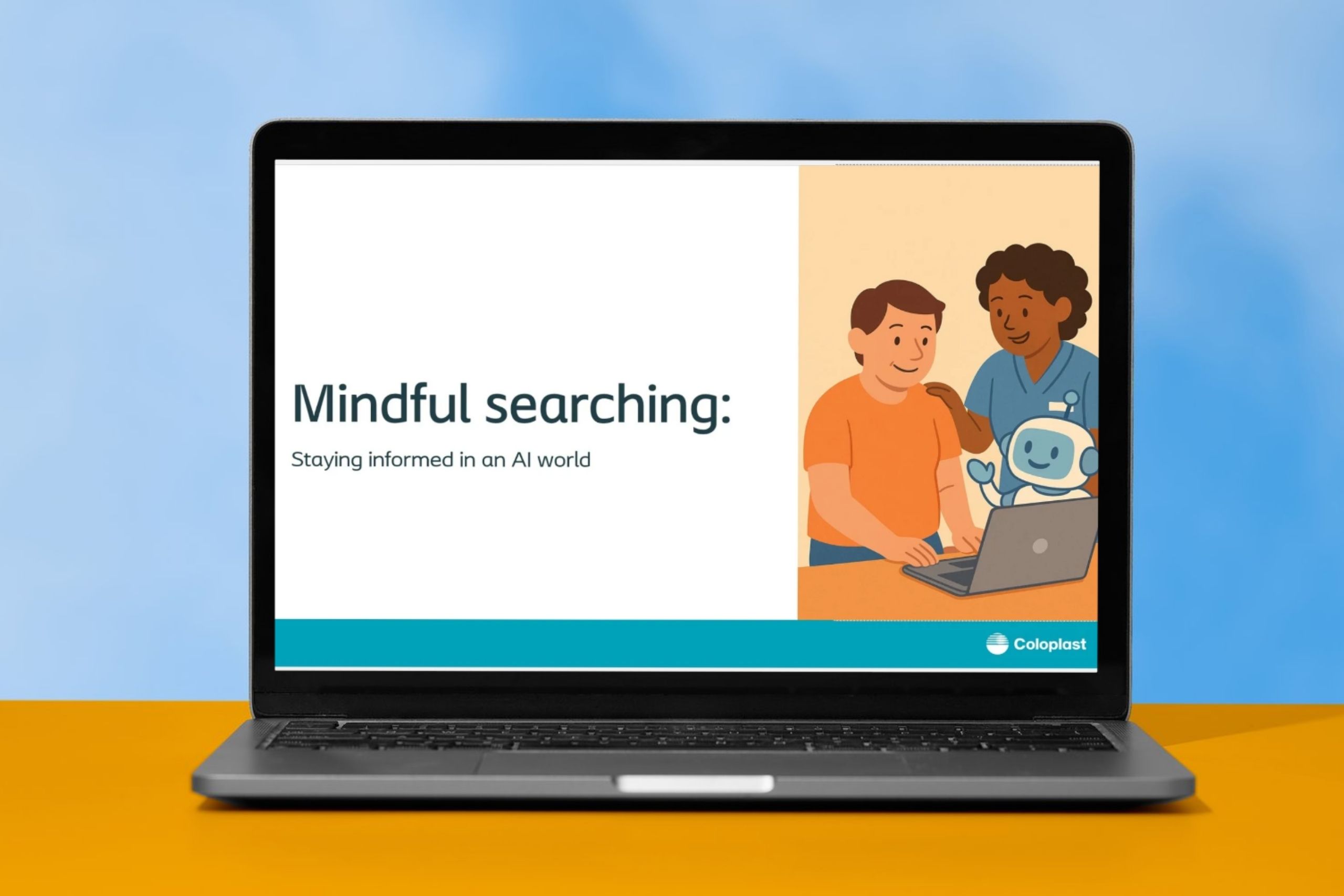 This picture shows an open laptop. on the screen is a powerpoint image entitled 'Mindful searching: staying informed in an AI world'. To the right is a computer generated image of a patient looking at a laptop, assisted by a health professional and a smiling robot.