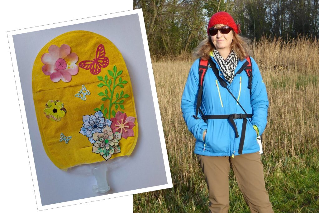 There are two pictures here. On the left is a urostomy bag which Nicky has decorated with flowers and butterflies. The picture on the right shows Nicky in a field, out on a walk. She has a red woollen hat, and a sky blue jacket. She's facing the camera.