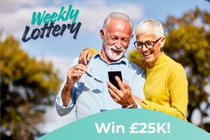 This photo shows a couple looking a mobile phone while out walking among trees. Overlaid the bottom of the image is text reading 'Win £25k!) and top left it reads 'Weekly lottery'