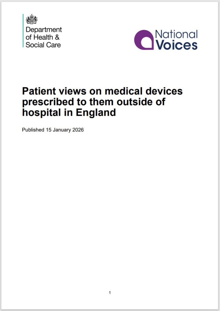 This is the cover of a report produced by National Voices and the Department of Health and Social Care entitled 'Patient views on medical devices prescribed to them outside of hospital in England/