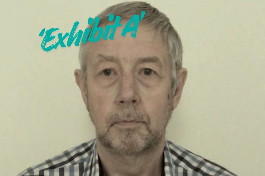 This is a photograph of Peter looking straight at the camera. He is unsmiling and looks poorly. The text on the image reads 'Exhibit A'