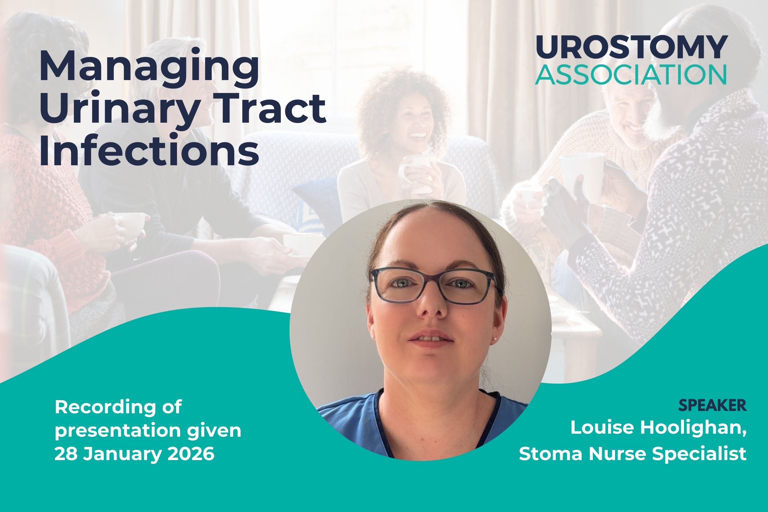 This image is a screenshot from the opening slide of Louise Hoolighan's presentation on Managing UTIs. It shows a head and shoulders shot of Louise in her uniform. The heading reads 'Managing urinary tract infections'. It also shows the Urostomy Association's logo.
