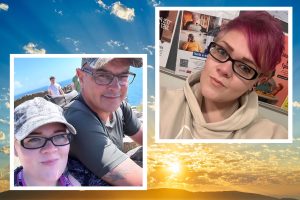 This visual is of a sunrise. There are two photos laid on top. One is a head and shoulders shot Niki Wells. She has dark-framed glasses, red hair and roll necked top. The other photo shows her and her partner, Dany.
