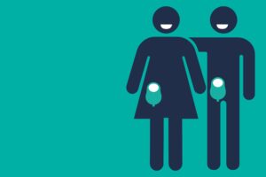 This graphic is based on the toilet door sign. There is a stylised and silhouetted man and woman, and they both are wearing urostomy bags