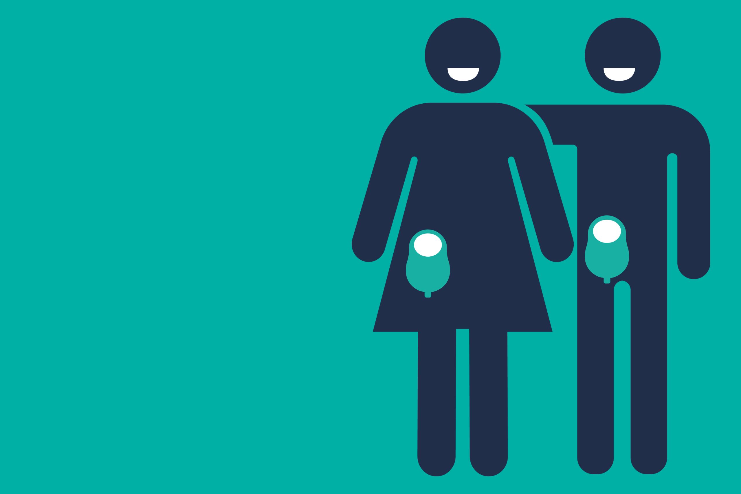 This graphic is based on the toilet door sign. There is a stylised and silhouetted man and woman, and they both are wearing urostomy bags